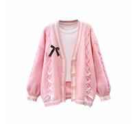 FindThy Women’s Cute Sweet Cardigan Sweater Kawaii Love Button Long Sleeve V-Neck Bowknot Knitted Outerwear, 03 Pink, One size
