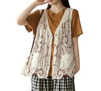 FindThy Women’s Hollow Out Crochet Vest Button Up V Neck Stitch Cardigan Boho Waistcoat Shrug, 02 Beige, One Size