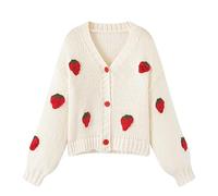 FindThy Women’s Kawaii Strawberry Embroidered Cardigan Long Sleeve V Neck Chunky Knitted Cardigans Tops, Red, XL
