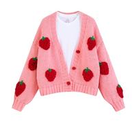 FindThy Women’s Kawaii Strawberry Embroidered Cardigan Long Sleeve V Neck Chunky Knitted Cardigans Tops, Pink Red, Small