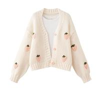 FindThy Women’s Kawaii Strawberry Embroidered Cardigan Long Sleeve V Neck Chunky Knitted Cardigans Tops, Pink, L