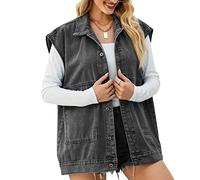 FindThy Women’s Vintage Denim Jean Vest Oversized Button Down Jean Waistcoat Gilet, Black, L