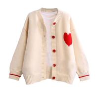 FindThy Women's Cute Cardigan Sweater Kawaii Love Heart Print Y2K Button Knitted Outerwear, Beige, M