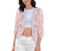 FindThy Women's Floral Lace Shrug Cardigan 3/4 Sleeve Crochet Bolero Jacket, 01 Pink, L