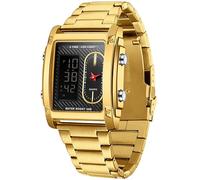 findtime Cool Rectangle Watches for Men Black Stainless Steel Men's Wristwatch with Digital Analog Dual Time Relojes para Hombres Dress Unique Designer Sport Watch, Gold, casual