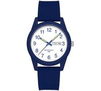 findtime Day Date Watches for Men Easy Read Dial with Luminous Analog Second Hand Gold Arabic Numerals Waterproof White Silicone Band, Blue, casual
