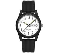 findtime Day Date Watches for Men Easy Read Dial with Luminous Analog Second Hand Gold Arabic Numerals Waterproof White Silicone Band, Black White, casual