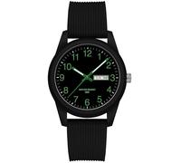 findtime Day Date Watches for Men Easy Read Dial with Luminous Analog Second Hand Gold Arabic Numerals Waterproof White Silicone Band, Black Green, casual