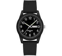 findtime Day Date Watches for Men Easy Read Dial with Luminous Analog Second Hand Gold Arabic Numerals Waterproof White Silicone Band, Black, casual