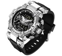 findtime Digital Men's Watch Analogue Watch for Men Double Display Digital Watch Black Shockproof Sports Watch Watches with Stopwatch LED Lighting Alarm Date Display, Silver black, Strap.