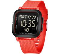 findtime Digital Watch Men's Large Numbers Watch Men Women Digital LED Sports Watch Square 5ATM Waterproof 12/24H Two Time Zones Outdoor Countdown Watch Sports Wristwatches Boys Military Watch, red,