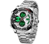 findtime Luxury Stainless Steel Watches for Men Gold Digital Analog Mens Watch with Countdown Alarm Three Time Zone Waterproof Classic Business Wristwatch, Silver, casual