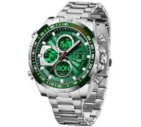 findtime Luxury Stainless Steel Watches for Men Gold Digital Analog Mens Watch with Countdown Alarm Three Time Zone Waterproof Classic Business Wristwatch, Green, casual