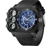 findtime Men's Big Face Watch Unique Digital Analogue Watches Dual Time Zone Sport Outdoor Cool Square Large Wristwatch Alarm Stopwatch Countdown Led Luminous Black Green