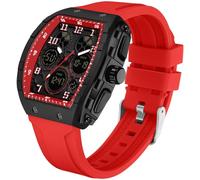 findtime Men's Digital and Analogue Military Sports Watch 5ATM Waterproof Sports Watches Men's LED Light Stopwatch Coutdown Tactical Watch Robust Outdoor Watch Silicone 12/24H Square Case, red, Strap.