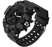 findtime Men's Military Watch, Analogue Digital Sports Watch with Alarm/Stopwatch/Two-Time Zones/LED Resin Strap Running Watch, black, Strap.