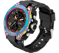 findtime Men's Sports Watches Military Outdoor Large Watch Digital Analogue Two Time Zones LED Calendar Men Boys, Colourful Blue, Strap.