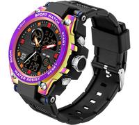 findtime Men's Sports Watches Military Outdoor Large Watch Digital Analogue Two Time Zones LED Calendar Men Boys, purple, Strap.