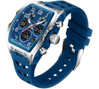 findtime Men's Watch Large Rectangular Men's Watch Sporty Chronograph Date Waterproof Military Designer Watches for Men White Silicone Strap, Blue Silver, Strap.