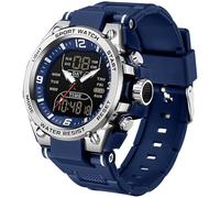 findtime Men's Watches Outdoor Sports Watch for Men with 5ATM Waterproof Countdown Digital Analog Three Time Day Date Week Display Rugged Wristwatch for Running, Silver Blue, casual
