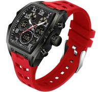 findtime Square Watch Men's Watches Sports Digital Analogue Tactical Watch Military Digital Watch Men Multi-Time Zone Rectangular Watch Men's Military Stopwatch Boys Alarm Clock 5ATM Waterproof, red