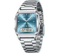 findtime Watches Women's Men's Retro Business Classic Square Watch Stainless Steel Strap Analogue Digital 5ATM Waterproof LED Date Day of the Week Three Time Zones Luxury Watch, Silver-light blue