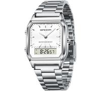findtime Watches Women's Men's Retro Business Classic Square Watch Stainless Steel Strap Analogue Digital 5ATM Waterproof LED Date Day of the Week Three Time Zones Luxury Watch, Silver-white, Bracelet