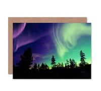 Fine Art Prints CLDT0167 Pine Trees Silhouette Northern Lights Greeting Card With Envelope Inside Premium Quality,Black|green,12.5 x 17.5 cm