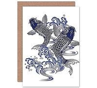 Fine Art Prints Japanese Koi Carp Illustration Greeting Card With Envelope Inside Premium Quality, Blue|beige|grey|white