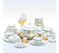 Fine Bone China Dinnerware Set - Elegant Porcelain & Ceramic Tableware with Dinner Plates, Pasta Bowls, Soup Pot, Spoons, and Chopsticks for Stylish Dining White 68 PCS