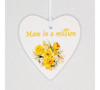 Fine Bone China Heart-Shaped Hanging Dangler (Mam in a million - Daffodils)