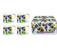 FINE Bone China Set of 4 Mugs Gift Boxed Assorted Pansy Mugs Free UK DELIVERY