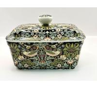 fine Bone China William Morris Black Strawberry Thief Butter Dish with lid