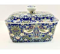 fine Bone China William Morris Blue Strawberry Thief Butter Dish with lid