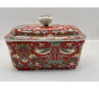 fine Bone China William Morris Red Strawberry Thief Butter Dish with lid