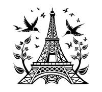 Fine Carving Stickers Bird Flying Near Eiffel Tower 42x42cm Easy Installation Black