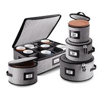 Fine China Storage Containers Hard Shell, 5 Piece Dish Storage Containers, Quilted and Stackable Mug Storage and Plate Storage Containers, Dish Organizer with Dividers for Moving and Seasonal Storage