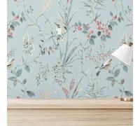 Fine Décor Crown Mariko Floral Treebird Blue Metallic Wallpaper M1856