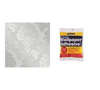 Fine Décor FD41965 Quartz Damask Wallpaper, Silver & Everbuild All Purpose Wallpaper Paste Adhesive, Hangs Up to 5 Rolls