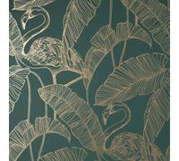 Fine Décor Fine Decor Flamingo Tropical Leaves Birds Metallic Emerald Wallpaper Fd42946