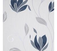 Fine Decor Synergy Floral Navy Blue Silver White Paste The Paper Wallpaper