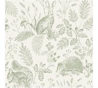 Fine Décor Woodland Animals Wallpaper Sage Green White Natural Rabbits Trees Feature Wall