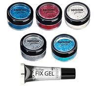 Fine Glitter by Moon Glitter - Coronation King Charles Union Jack Set of 5 Colours + Fix Gel - Cosmetic Festival Makeup Glitter for Face, Body, Nails, Hair, Lips, Halloween - 3g