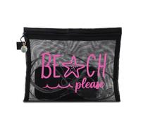Fine Mesh Beach Bag for Travel Toiletry Bags Organiser with Blue Seashell Charm Black Mesh Zipper Cosmetic Pouch with Pink Beach Print Breathable Makeup Bag for Trips Holiday Survival Kit