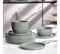 FINE&NICE 12Pcs Melamine Dinnerware Sets, Plates and Bowls Sets for 4, Unbreakable and Lightweight Dishes Set for Indoor and Outdoor Use, BPA Free, Dishwasher Safe (Sage Green)