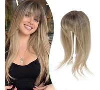 Fine Plus 18 Inch 360° Hair Topper with Fringe, Fluffy Wispy Fringe Blends Naturally Synthetic Hair Clips With 4"x5" Base Hairpieces for Women Daily Use & Parties (Dark Blonde with Dark Root)