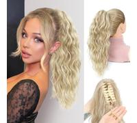 FINE PLUS 18inch Ponytail Extension Highlights Curly Wave Claw Clip in Ponytail Hair Extensions for Black Women Brown with Blonde Pony Tail Hair Hairpieces for Daily Party Use Curly Ponytail Extension