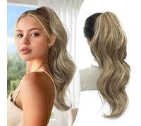 FINE PLUS 20inch Ponytail Extension Curly Wave Layered Claw Clip in Ponytail Hair Extensions for Women Light Brown with Blonde Highlights Fake Pony Tail Hair Hairpieces for Daily Party Use