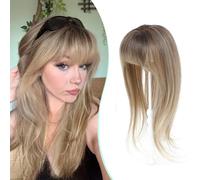Fine Plus 360° 3D Cover Clip in Fringe, 18 Inch Synthetic Hair Topper with Fringe Upgrade 4"x5" Breathable Base Layered Straight Fake Hair Versatile Styling (Brown Blonde with Dark Root)