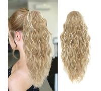 Fine Plus Highlights Ponytail Extension 18inch Claw Clip in Ponytail Hair Extensions for Women Curly Wave Claw Ponytail Extension Synthetic Clip in Hairpiece - Golden Blonde